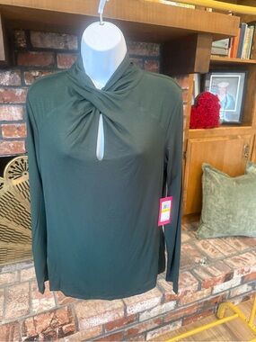 Vince Camuto Dark Green Twist-Neck Keyhole Long-Sleeve Top
